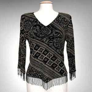 VTG Y2K Womens Top 12 Black Gold Metallic Jersey Beaded Fringe Retro Cowgirl